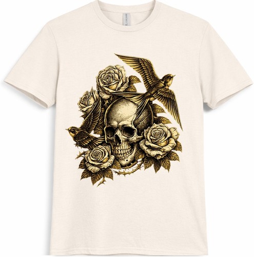 Skull rose birds shirt - birds, t