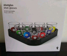 Billiard Shot Glass Pool Ball Set of 10 & Rack Tray Party Time Boxed VGC SEE SAS