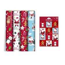 4 Rolls Kids Christmas Wrapping Paper 7M Cute Santa Gift Wrap & 32 Matching Tags