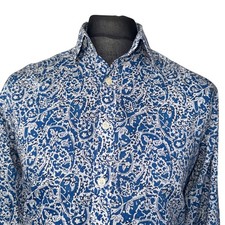 SIMON CARTER Shirt Mens LARGE (42") Long Sleeve White & Blue Paisley Type Design