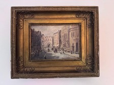 Antique oil painting street scene  European town, figures horse-drawn carriages