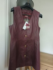 Joe Browns Leather Burgundy Pinafore Dress UK 14 Preppy Gold Buttons Christmas 