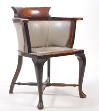 Original Antique Victorian Solid Oak And Leather Captains Chair Armchair