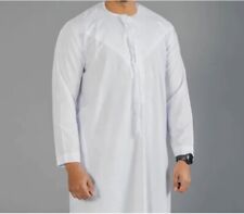Mens Simple White Emirati Thobe Jubba Saudi Islamic Arab Eid Kaftan Tassel Sz56M
