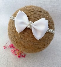 White Christening Headband, Baptism Headband, Bow, Pearls, Lace, Baby Tiara