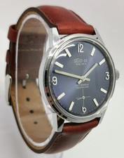 Vtg 1970s Siglo-XX Prima Blue Face Boars Head Case 35mm Gents Watch Unitas 6325