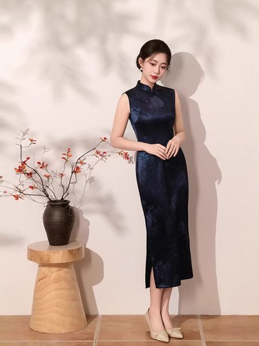 Navy blue qipao dress long - blue,