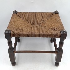 Vintage Wooden Woven Rush Seagrass String Footstool, Stool