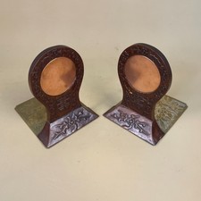 Pair of Oriental Book Ends Wood, Copper & Brass Decorative Shelf Ornaments Asian