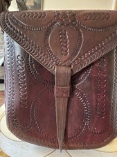 Vintage 1970s tooled leather SHOULDER BAG / SADDLE BAG HAND MADE HIPPIE 8”x8”