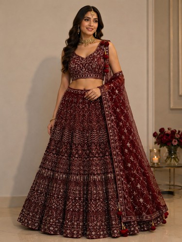 Luxury maroon bridal lehenga - luxury,