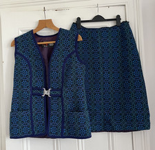 Welsh Woollens Vintage Blue Geometric Tapestry Gilet Waistcoat & Skirt - Wool