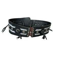 Vtg Black Silver Corset-Style Concho Western Boho Tassel Buckle Belt 33" UK 14