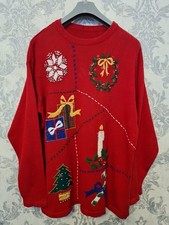 Vintage Womens Christmas Sweater Embroided/Beaded Oversize Jumper, Size XL  Rare