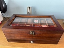 NEW LARGE 12 WATCH STORAGE DISPLAY CHEST BOX GLASS POLISHED WOOD CASE CABINET