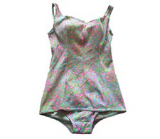 Vintage 60s Pale Blue Floral Print Swimsuit Retro Indie Beach 10