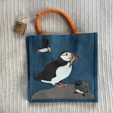 Shared Earth Fair Trade Jute Bag - Shopping Bag - Puffins - Blue BNWT