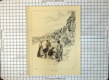 Old Painting Wayside Gentleman Artist Onlookers Beach Cottages 1890 332G 19th