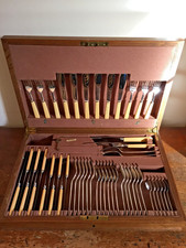 Vintage wooden canteen Elkington Monarchy  Plate EPNS Cutlery Set 6, 52 pieces