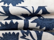 Embroidered Crewel floral vine Dark Blue and Beige  Upholstery Fabric