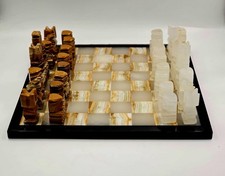 White, Brown & Black Marble Onyx Stone Carved Chess Set and Board.