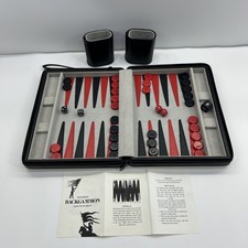 Backgammon Travel Set Magnetic In Faux Black Tan Leather Case 9" x 7" x 2"