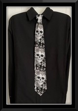 Grey Skulls roses unisex neck tie wedding prom funeral hand made cotton fabric
