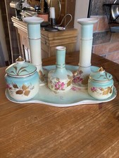 Victorian Ceramic Hand painted Floral Green & Pink Dressing Table Set of 6 