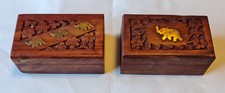 Two small Indian wooden hinged boxes with carving and brass elephant inlay Xmas