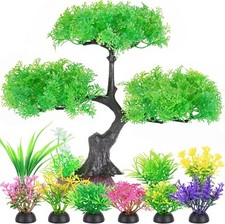 Large 10pc Aquarium Fish Tank Plastic Plant Tree Plants Ornament Set - Green