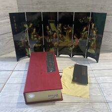 Vintage Chinese Table Folding Screen Lacquer Hand Painted 6 Panels In The Box 