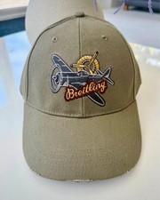Breitling Watch Hat Mens Green Aviator Distressed Strap Back Cap