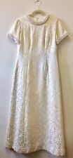 1960s Ivory Damask Empire Line Maxi Dress With Crystal Beaded Trim UK 10