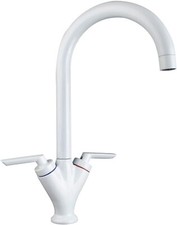 White Kitchen Sink Tap, Mono Bloc Double Lever High Swan Swivel Neck Mixer Taps