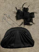 M&S Ladies Black Silky Pleated Bag & Lace & Feather Hair Clip In Fascinator Used