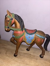 Hand Carved Wooden Folk Art Carousel Horse Statue Brightly Painted 18 Ins Tall