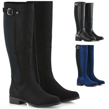 Womens Knee High Stretch Calf Flat Low Heel Zip Ladies Riding Casual Boots