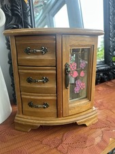 Vintage 1980s Wardrobe Jewellery Box With Decorative Floral Glass Door 3 Drawers