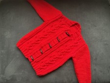 New Hand Knitted Aran Cardigan. 2-3 Years. Signal Red Coloured Yarn