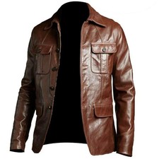 MENS REAL LEATHER BLAZER BROWN SOFT SHEEP CLASSIC SLIM FIT JACKET COAT