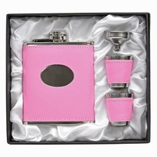 Personalised Engraved Pink Ladies Hip Flask Gift Set 2 Cups Funnel Boxed Leather