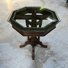 1920s Vintage Octagonal Handcrafted Indian Teak Coffee Table with Glass Top