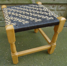 Vintage Woven String Topped  Wooden Foot Stool Brown / Cream 1960s 1970s