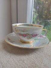 Vtg H K Bavaria German Floral Teacup & Saucer Lustre Gilded 22KT Pink Gold 