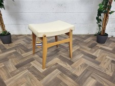 Vintage Mid-Century Beech & White Vinyl Dressing Table Stool Retro MCM