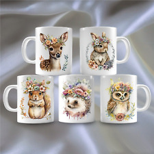 Woodland Animal Design Mug, Hedgehog, Owl, Squirrel. Rabbit, Deer Ceramic Mug