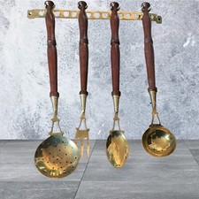 1940s VINTAGE BRASS KITCHEN UTENSILS WITH HANGING RACK RUSTIC COUNTRY CORE