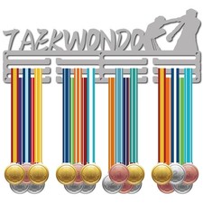 Taekwondo Medal Holder Metal Hanger Rack Display Silver 12 Hooks Decor Ribbons