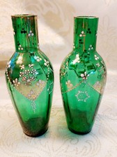 Pair Of Victorian Style Bohemian Green Enameled Glass Vase/Purfume Bottles 5.2in