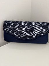 Untold Navy Satin Rhinestone Clutch Bag with Shoulder Strap-Evening Wedding Prom